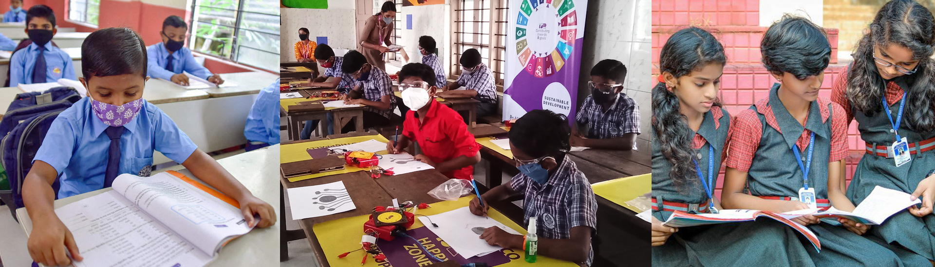 Zona de aprendizaje feliz en el colegio Don Bosco Puthuppally (India) en la vuelta a las aulas tras la pandemia